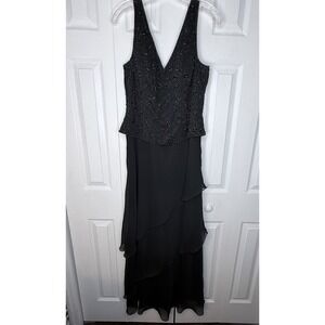 Cassandra Stone Mac Duggal Vintage 90s Y2K Beaded Gown Black Chiffon SZ 10